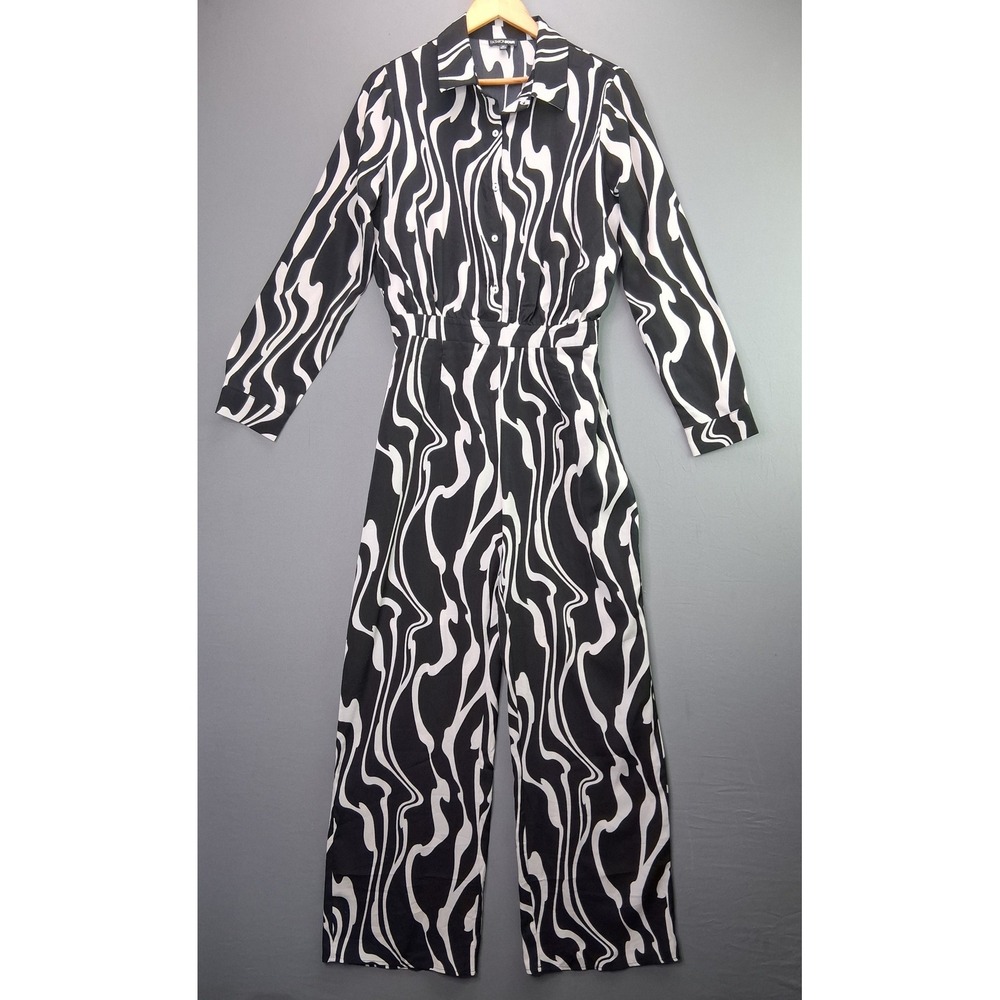 Fashion Nova Jumpsuit Abstract Swirl Long Sleeve Wide Leg M Black White Button
